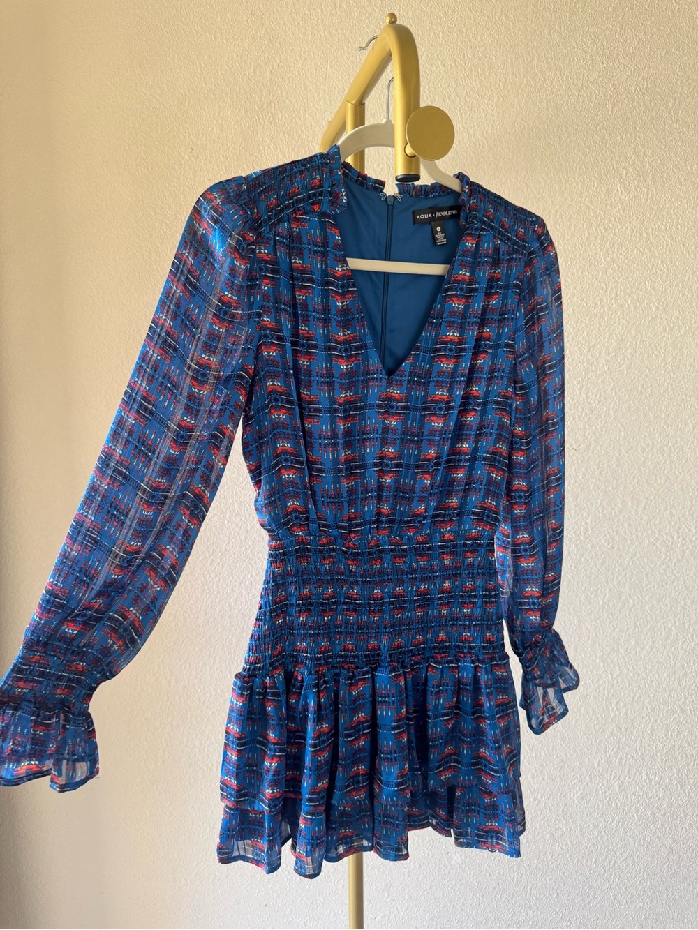 Aqua Blue and Red Patterned Long Sleeve Smocked Mini Dress